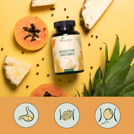 Enzīmu komplekss | Bromelaīns - Papaīns - Amilāze - Lipāze - Celulāze | Zarnās šķīstošās apvalkotās DRCaps® kapsulas | Dabīgie gremošanas enzīmi | Laboratorijā pārbaudīts | Bez piedevām | Vācu ražojums Vegavero®