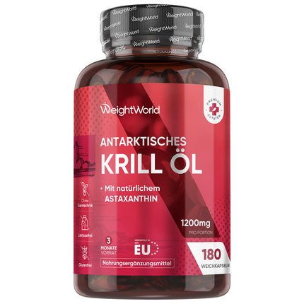 Antarktikas krila eļļas mīkstās kapsulas — 1200 mg vienā porcijā — nodrošina Omega 3, DHA, EPA, astaksantīnu, holīnu un jūras fosfolipīdus — 180 mīkstās kapsulas 3 mēnešiem — bez glutēna, bez laktozes — WeightWorld