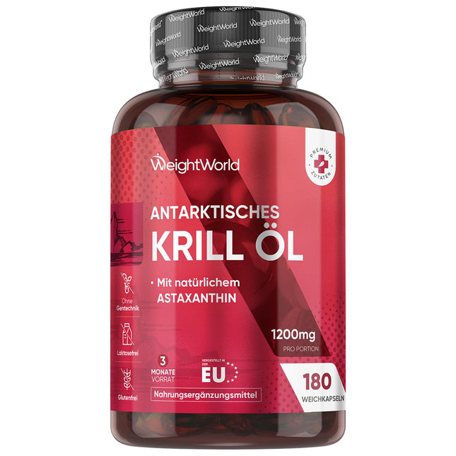 Antarktikas krila eļļas mīkstās kapsulas — 1200 mg vienā porcijā — nodrošina Omega 3, DHA, EPA, astaksantīnu, holīnu un jūras fosfolipīdus — 180 mīkstās kapsulas 3 mēnešiem — bez glutēna, bez laktozes — WeightWorld