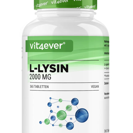 L-lizīns - 365 tabletes - augsta deva ar 2000 mg L-lizīna hidrohlorīda dienā - no augu fermentācijas - bez piedevām - vegāns