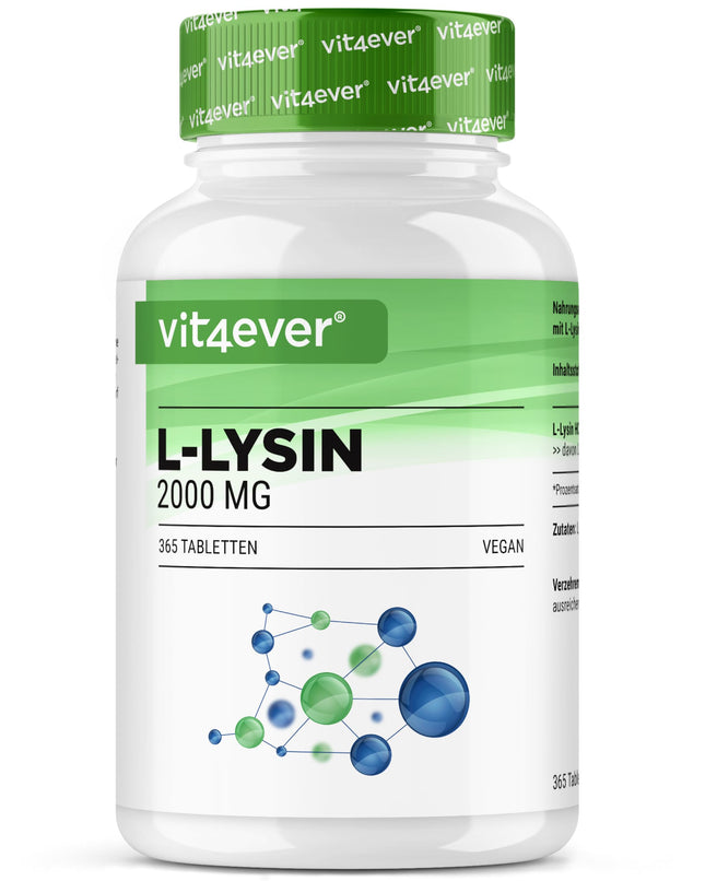 L-lizīns - 365 tabletes - augsta deva ar 2000 mg L-lizīna hidrohlorīda dienā - no augu fermentācijas - bez piedevām - vegāns