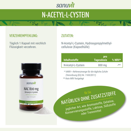 Sanuvit® - NAC | 180 kapsulas | Augsta deva | N-acetil-L-cisteīns ​​| Augsta biopieejamība un panesamība | Vegāns | Ražots Austrijā (180 gabali, 800 mg)