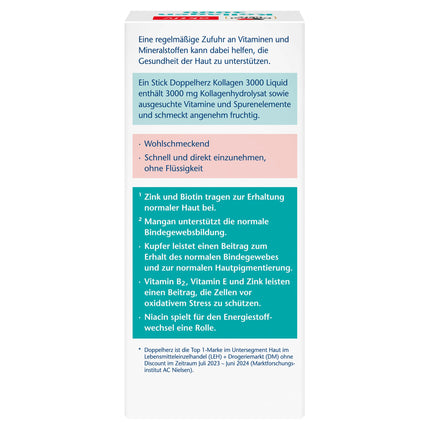 Doppelherz Collagen 3000 šķidrums - ādai + saistaudiem - ar A vitamīnu, cinku un biotīnu, kas veicina normālas ādas uzturēšanu – 14 paciņas