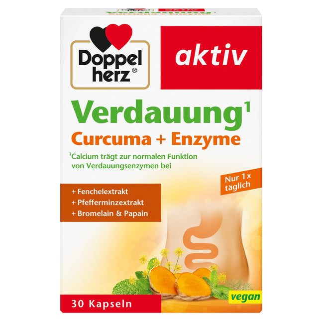 Doppelherz gremošanas kurkuma + enzīmi - kalcijs veicina normālu gremošanas enzīmu darbību - 30 kapsulas