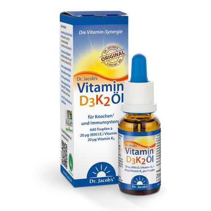 Dr. Jacob's D3 K2 vitamīna eļļas pilieni | Uztura bagātinātājs kauliem¹ un imūnsistēmai² | Augsta biopieejamība | D3 un K2 vitamīnu eļļa | 20 ml | veģetārietis