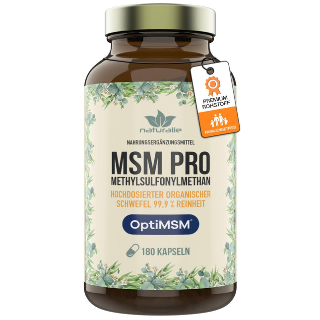 naturalie® MSM PRO - 1,6 g tīra metilsulfonilmetāna vienā dienas devā - 99,9% tīrība, pateicoties OptiMSM™ vairākkārtējai destilācijai - bez liekām piedevām - 180 kapsulas brūnā stikla iepakojumā bez BPA