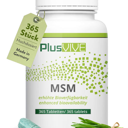 PlusVive MSM tabletes ar augstu devu | 1 x 365 tabletes | 1000 mg MSM ar 99,8% tīrību vienā tabletē | MSM kapsulas ar papaīnu un spirulīnu | Uztura bagātinātājs vegāns un laboratoriski pārbaudīts