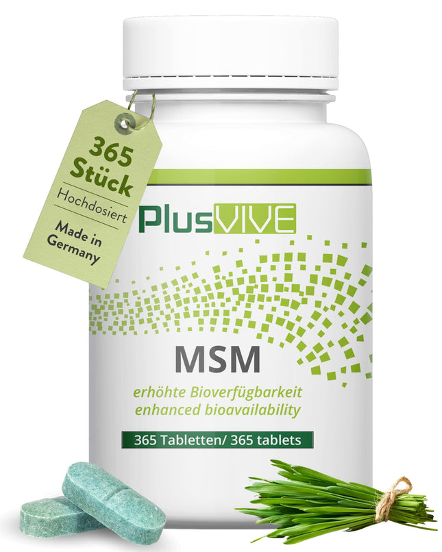 PlusVive MSM tabletes ar augstu devu | 1 x 365 tabletes | 1000 mg MSM ar 99,8% tīrību vienā tabletē | MSM kapsulas ar papaīnu un spirulīnu | Uztura bagātinātājs vegāns un laboratoriski pārbaudīts
