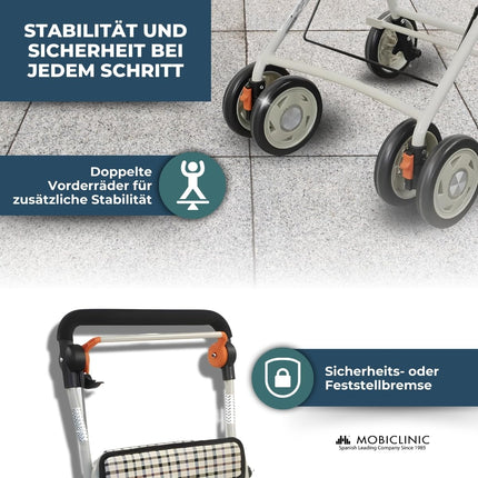 Mobiclinic®, iepirkšanās ratiņu rullītis, gājējs ar lielu iepirkumu maisiņu un sēdekli, 21L, salokāms, viegls, iepirkumu grozs, dubultā bremžu sistēma, staigāšanas palīgierīce, izgatavots no tērauda, ​​stabils