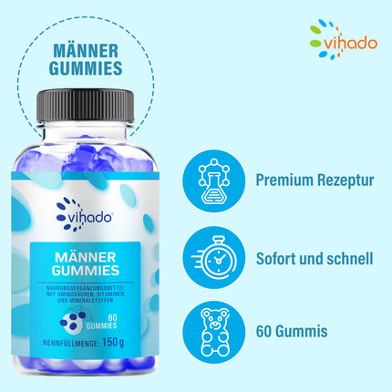 Vihado Blue Men gumijas konfektes - īpaši spēcīga tūlītējas iedarbības formula ar augstu devu - ar L-arginīnu, L-glutationu, L-glutamīnu, 60 gumijas konfektes