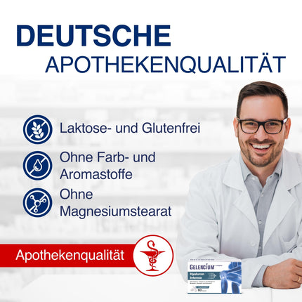 GELENCIUM® Hyaluron Intense | Augsta hialuronskābes dienas deva: 500 mg | Augsta molekulmasa: 2000–4000 kDa | Augsta biopieejamība | Ar mikrouzturvielām veselīgām locītavām | Vegāns | Aptiekas kvalitāte | 60 kapsulas