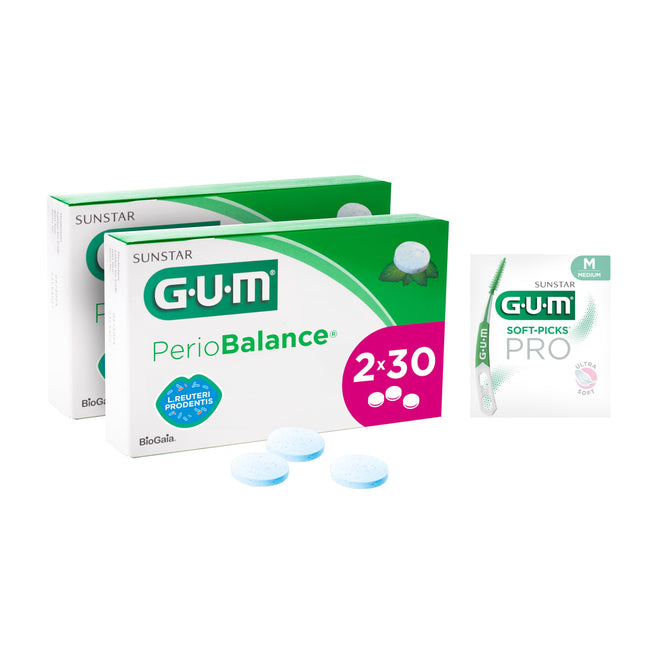 GUM PerioBalance sūkājamās tabletes/Uztura bagātinātājs smaganām/Satur patentētu baktēriju Limosilactobacillus reuteri Prodentis/Patīkama piparmētru garša/2x30 (+1 bezmaksas paraugs)
