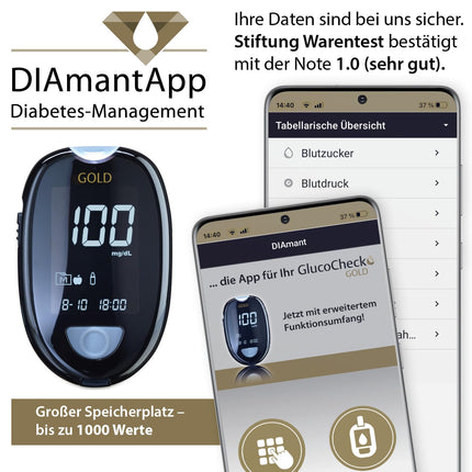 GlucoCheck GOLD asins glikozes mērītājs (mg/dl) glikozes līmeņa asinīs paškontrolei diabēta slimniekiem