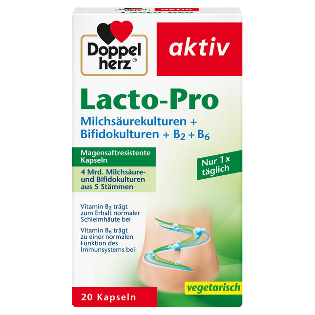 Doppelherz Lacto-Pro pienskābes kultūras + bifido kultūras + B2 + B6 - B6 vitamīns veicina normālu imūnsistēmas darbību - 20 veģetāra un kuņģa sulu izturīga kapsula