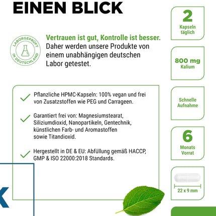 Kālijs - 365 kapsulas ar 800 mg elementārā kālija (no kālija citrāta) vienā dienas devā - vegāns, augsta deva, bez piedevām