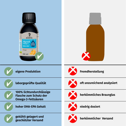 Dr. Johanna Budwig Omega 3 aļģu eļļa vegānam apelsīnu aromātam (100 ml) - augsta deva, bagāta ar DHA, EPA, D3 un K2 vitamīniem - šķidra aļģu eļļa vegānai, šķidra aļģu eļļa laboratoriski pārbaudīta