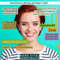 Nord Vital Serotolift - serotonīna un dopamīna prekursori - Rhodiola Rosea, L-triptofāns, L-tirozīns, L-fenilalanīns, hroms, cinks, vitamīni D3, B5, B6, B9 un B12 - vegāns - ražots Vācijā