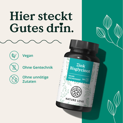NATURE LOVE® Zinc - 365 tabletes (1 gads) - Augsta deva (25 mg): Cinka bisglicināts - Augsta biopieejamība Cinks - Vegāns, Laboratorijā Testēts, Izstrādāts Vācijā
