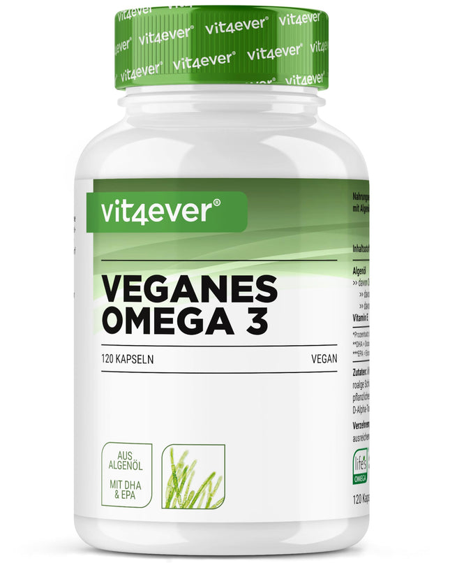 Omega 3 vegāns - 120 kapsulas - Augsta deva ar 1500 mg aļģu eļļas vienā dienas devā - Premium: zīmola izejviela life's®Omega - Laboratorijā pārbaudīts - Zems piesārņotāju saturs - Augsta deva