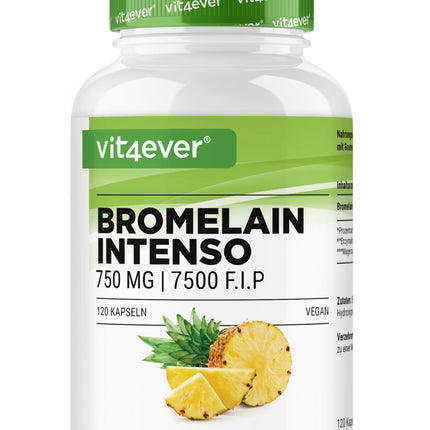 Bromelain Intenso - 750 mg (7500 FIP) - 120 kuņģa sulu izturīgas kapsulas - Īpaši augsta deva - Dabīgs ananāsu ekstrakts - Vegāns