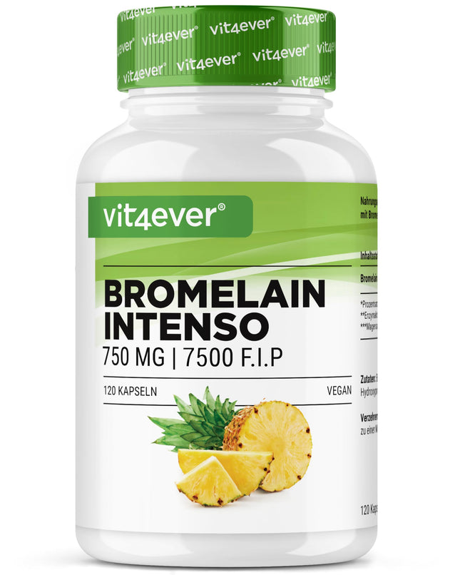 Bromelain Intenso - 750 mg (7500 FIP) - 120 kuņģa sulu izturīgas kapsulas - Īpaši augsta deva - Dabīgs ananāsu ekstrakts - Vegāns