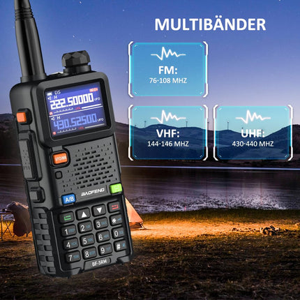 BAOFENG 5RM divu joslu radio UHF VHF, licencēts amatieru radio, jaudīgs rokas radio, liela darbības rādiusa 999 kanāli, FM radio, VOX, DTMF, rācija ar 2500mAh akumulatoru.