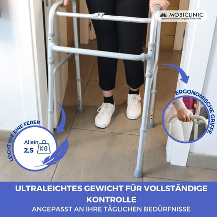 Mobiclinic®, staigāšanas palīglīdzeklis, staigāšanas rāmis, šaurs, stabils, salokāms, 4 gumijas pēdas, izgatavots no alumīnija, viegls, Eiropas zīmols, regulējams augstums, ergonomiski rokturi, tikai 2,5 kg, sudraba, modeļa kolonna
