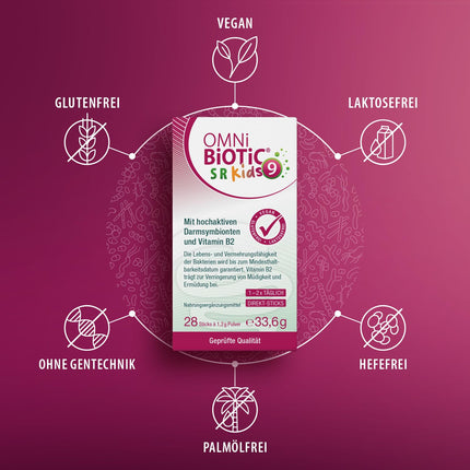 OMNi BiOTiC SR-9 bērniem | 28 nūjiņas | 9 baktēriju celmi | Kūst tieši uz mēles | Vegāns | Bez glutēna | Bez laktozes