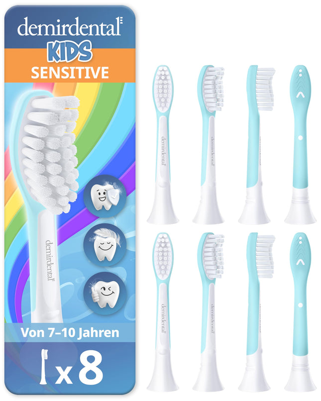 Demirdental rezerves birstes bērniem, piemērotas Philips Sonicare rezerves birstēm Kids, bērnu Sonic zobu birstes, bērnu rezerves birstes no 7 gadu vecuma, atbilst HX6044, tirkīza krāsā, 8 gabalu komplekts