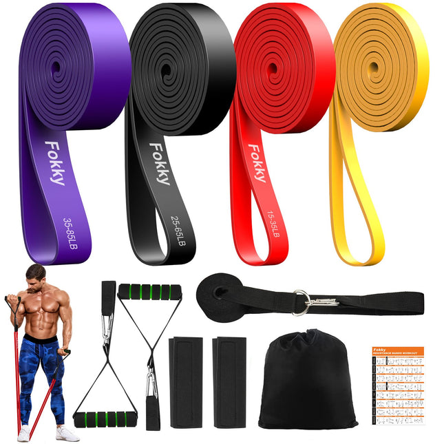 Fokky Fitness Bands pretestības lentu komplekts ar 4 līmeņiem, pretestības lentes ar durvju enkuru, rokturi, aizsargapvalks, pārnēsāšanas soma un treniņu instrukcijas, pievilkšanās lentes stiepšanās/jogas/pievilkšanās/spēka treniņiem