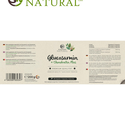 Surpresa dabīgās glikozamīna un hondroitīna kapsulas ar augstu devu I 1 x 195 kapsulas I 1500 mg glikozamīna un 1200 mg hondroitīna vienā dienas devā I Uztura bagātinātājs bez piedevām un laboratoriski pārbaudīts