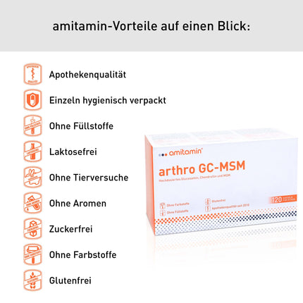 amitamin arthro GC MSM Glikozamīns un hondroitīns un MSM plus C vitamīns | 120 kapsulas | Aptiekas kvalitāte | individuāli higiēniski iepakoti | bez nevajadzīgām piedevām | Vācu produkcija