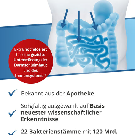 Dr. Wolz Darmflora plus select intens - 80 augstas devas kapsulas - 22 pienskābes baktēriju celmi - 120 miljardi baktēriju kultūru dienā - zarnu gļotādai un imūnsistēmai* - zarnu trakta ārstēšanai