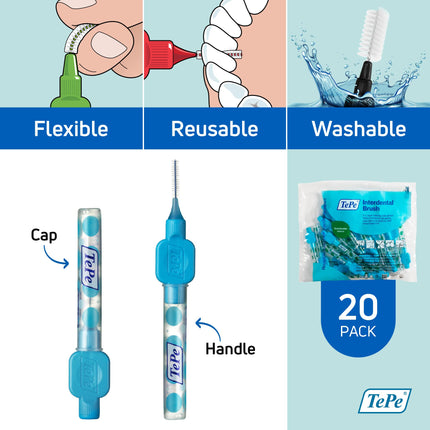 TePe starpzobu birstes, oriģinālās, zilas, 0,6 mm/ISO 3, 20 gab., aplikuma noņemšana, efektīva zobu starpu tīrīšana, vidēja lieluma spraugām