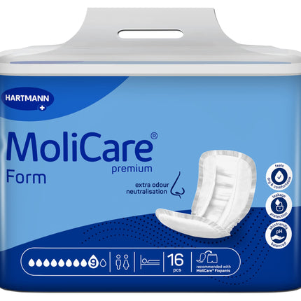 Molicare Premium Form 9 pilieni smagas urīna nesaturēšanas gadījumā: maksimāla drošība, papildu aizsardzība pret noplūdi un diskrētums gan sievietēm, gan vīriešiem, lietošanai kopā ar MoliCare Premium Fixpants, 16 gabali