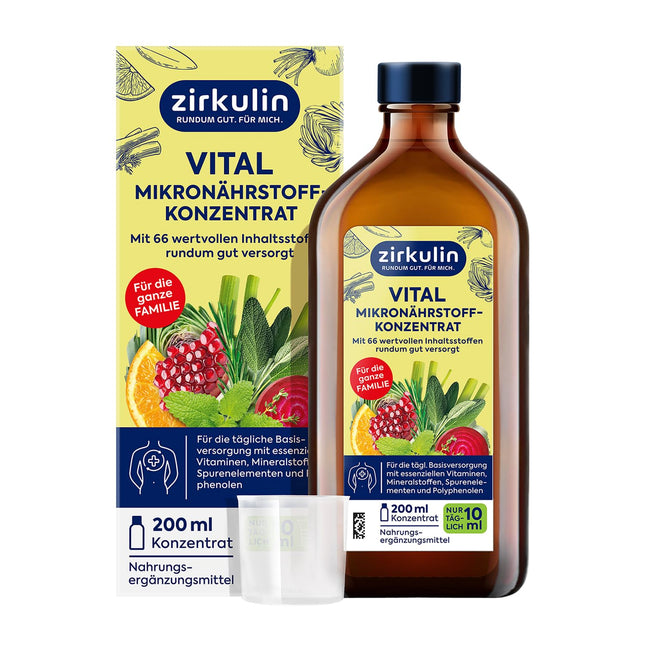Zirkulin Vital mikroelementu koncentrāts (200 ml) – 20 dienu krājums – 66 svarīgas vielas no augļiem, dārzeņiem un garšaugiem – Vērtīgi polifenoli – Vitamīni un minerālvielas ģimenei
