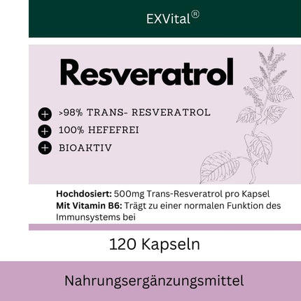 EXVital® resveratrola kapsulas, 98% trans-resveratrols, 500 mg vienā kapsulā, 120 vegānas kapsulas, vegānas un bez piedevām, laboratoriski pārbaudītas