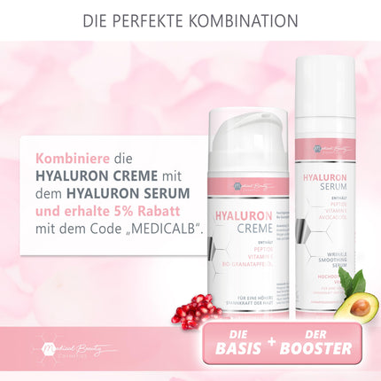 Augstas devas hialuronskābes serums 100 ml - ar pretnovecošanās pastiprinātāju avokado eļļu, peptīdiem un E vitamīnu - vegāns pretgrumbu sejas krēms acīm, kaklam un dekoltē zonai ar savstarpēji saistītu hialuronskābi
