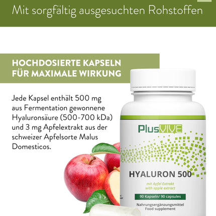 PlusVive hialuronskābes kapsulas ar augstu devu I 1 x 90 kapsulas ar ābolu ekstraktu I 500 mg hialuronskābes ar 500–700 kD vienā kapsulā I Hialuronskābes kapsulas I Uztura bagātinātājs Vegāns un laboratoriski pārbaudīts