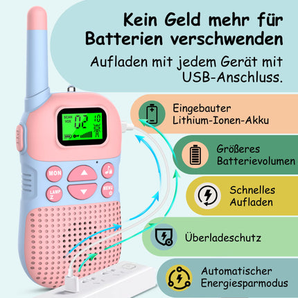Kidsfun 2×Rācija bērniem, USB uzlādējama āra rotaļu rācija ar lukturīti, dāvana zēniem un meitenēm no 3 gadu vecuma, 3 jūdžu darbības rādiuss iepirkšanās, brīvā dabā, kempingam. Rozā