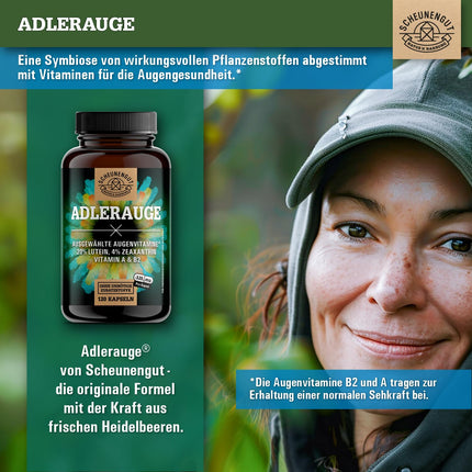 ADLERAUGE® acu vitamīni augstai devai — SVARĪGI: Laboratorijā pārbaudīts zīmola komplekss ar luteīnu, zeaksantīnu, melleņu ekstraktu, beta-karotīnu, A+B vitamīniem un citiem līdzekļiem | 120 gab. -DE- SCHEUNENGUT®