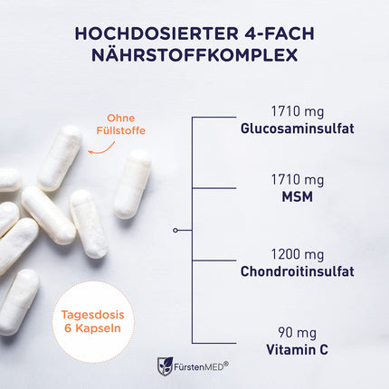 FürstenMED® glikozamīna hondroitīna MSM augsta deva + C vitamīns, 180 kapsulas kā 4 komponentu komplekss ar glikozamīnu, laboratoriski pārbaudīts un bez nevēlamām piedevām