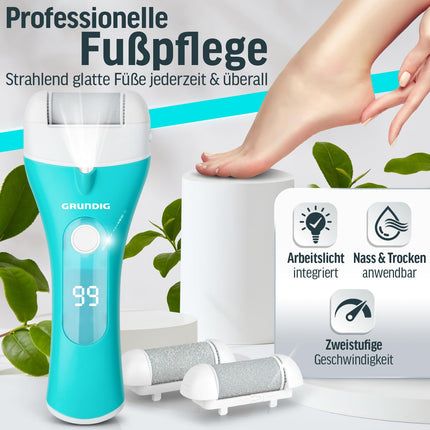Grundig Electric Callus Remover Pro - ātri noņemiet ādas sacietējumus, neliecoties - Premium klases bezvadu ādas sacietējumu noņēmējs mitram + sausam darbam ar apgaismojumu, 3 pēdu rullīšiem, uzlādējams (ātrasepju noņēmējs)
