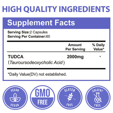 TUDCA kapsulas, īpaši spēcīgs TUDCA uztura bagātinātājs 2000 mg, aknu, gremošanas, šūnu atbalstam