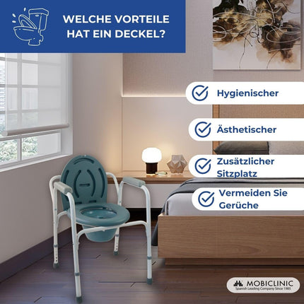 Mobiclinic®, Tualešu krēsls, Ar vāku, Noņemams spainis, Regulējams 5 augstumos, Modelis Arroyo, Neslīdoši kāju uzlikas, Roku balsti, Atbalsta līdz 100 kg, Krēsla tualete, Tērauds