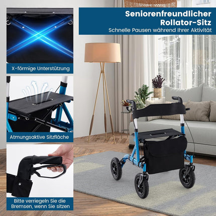 FANTASK 2-in-1 rollators ar pneimatiskajām riepām un sēdekli līdz 160 kg, salokāms un viegls alumīnijs ar somu un spieķa turētāju, staigāšanas palīglīdzeklis ar 6 virzienu augstuma regulēšanu, ratiņkrēsls un ceļojumu rollators (zils)