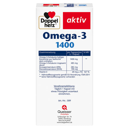 Doppelherz Omega-3 1400 mg - Augstas devas Omega-3 koncentrāts ar E vitamīnu - Augsts Omega-3 taukskābju EPA un DHA saturs - 90 kapsulas