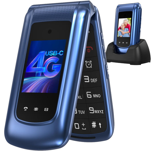 4G atvāžamais tālrunis senioriem ar lielām pogām, divu SIM karšu atlokāms mobilais tālrunis ar uzlādes staciju | SOS ārkārtas zvana funkcija | Ātrā zvanīšana | lukturītis | FM radio | 2,4 + 1,77 collu divkrāsu displejs | Zils