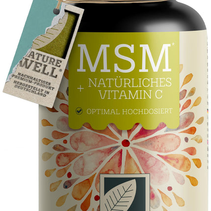 MSM 2000 mg dienā + dabīgs C vitamīns - 365 MSM tabletes ar metilsulfonilmetānu - kompaktāks MSM pulveris nekā MSM kapsulās - 1000 mg MSM vienā tabletē - vegānisks un bez piedevām - NatureWell