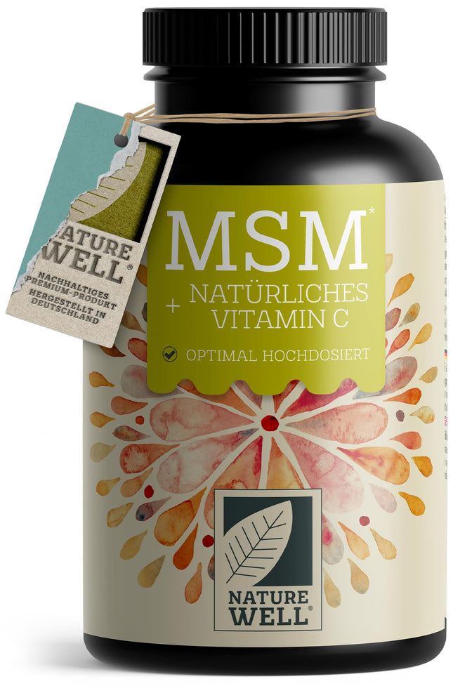 MSM 2000 mg dienā + dabīgs C vitamīns - 365 MSM tabletes ar metilsulfonilmetānu - kompaktāks MSM pulveris nekā MSM kapsulās - 1000 mg MSM vienā tabletē - vegānisks un bez piedevām - NatureWell